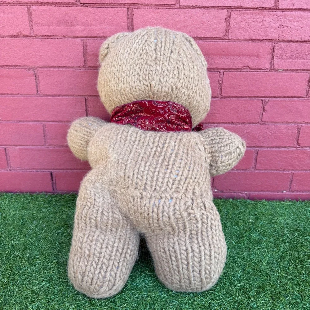Vtg Hand Knitted Teddy Bear‎ Tan Yarn Red Scarf Bow Stuffed Animal Plush Toy 23